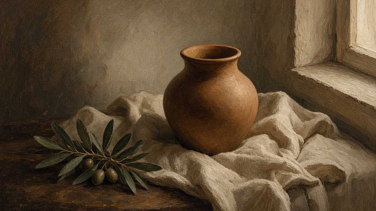 Original Caspian Games study illustration of a clay vessel on linen in quiet window light. Not Church artwork.