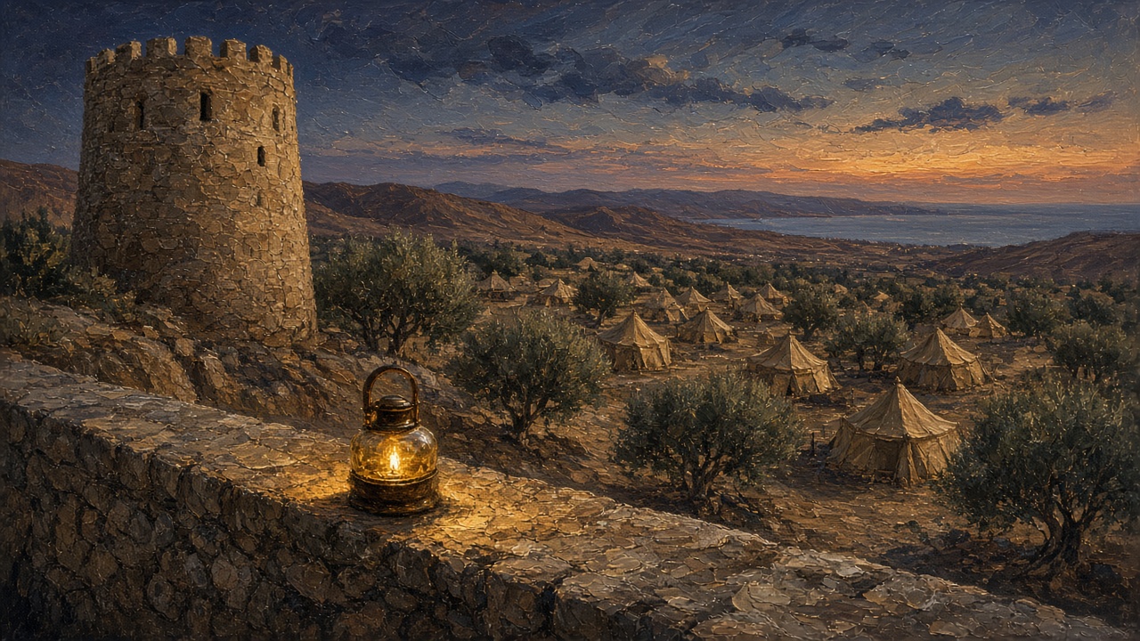 Original Caspian Games study illustration of a dusk watchtower and an unlit lamp above a desert settlement. Not Church artwork.