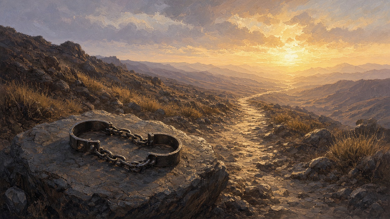 Original Caspian Games study illustration of dawn light on a desert path and open manacles on a stone. Not Church artwork.