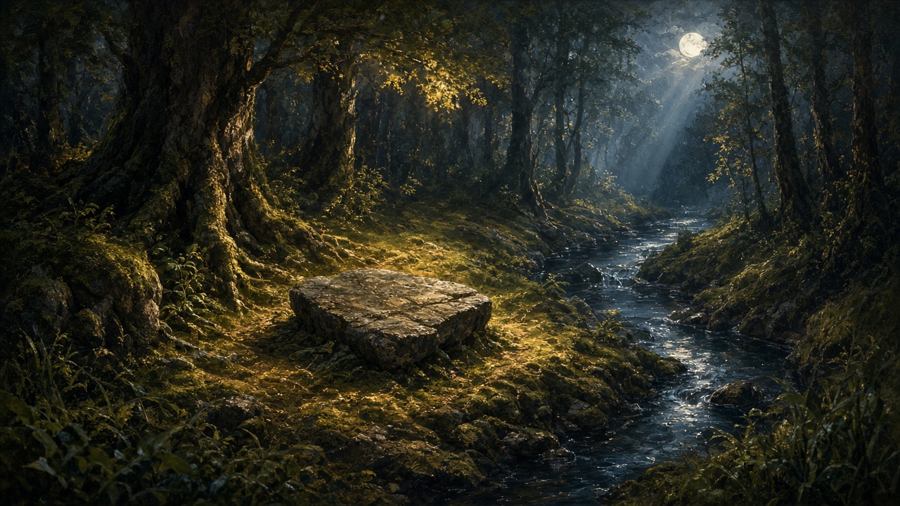 Original Caspian Games study illustration of a night forest clearing and a kneeling-stone beside a stream. Not Church artwork.