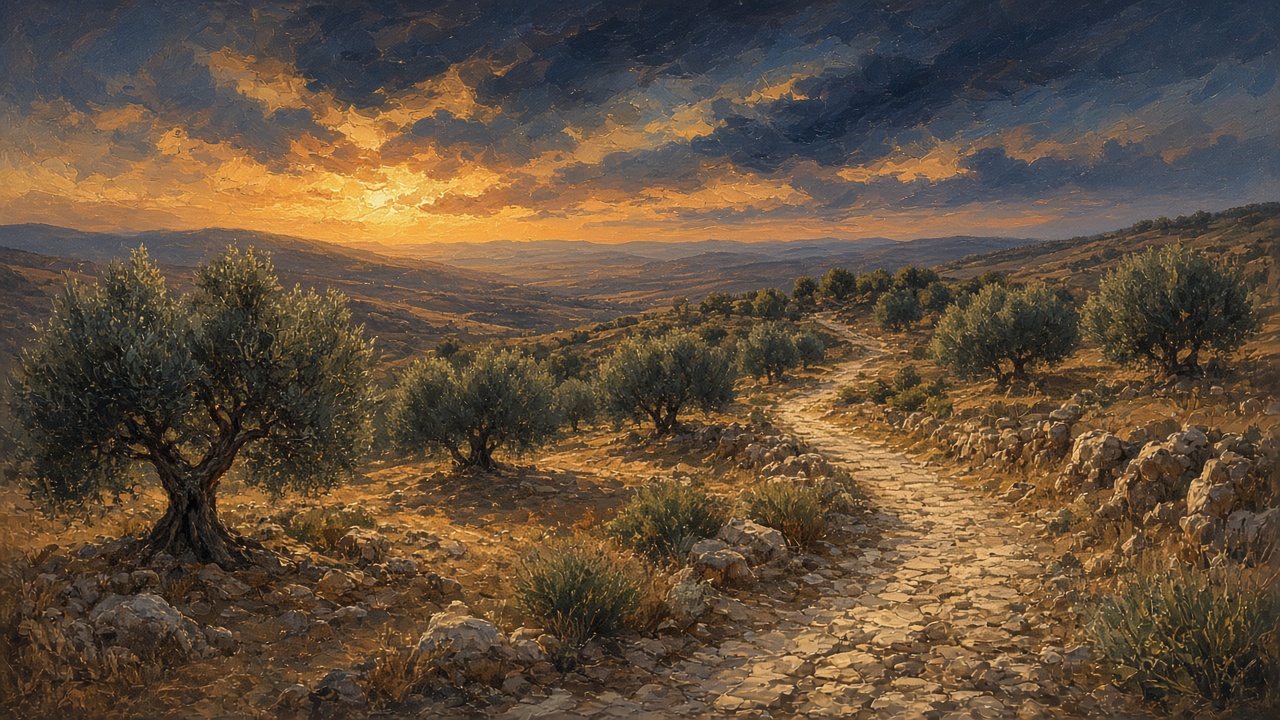 Original Caspian Games study illustration of a dusk olive path. Not Church artwork.