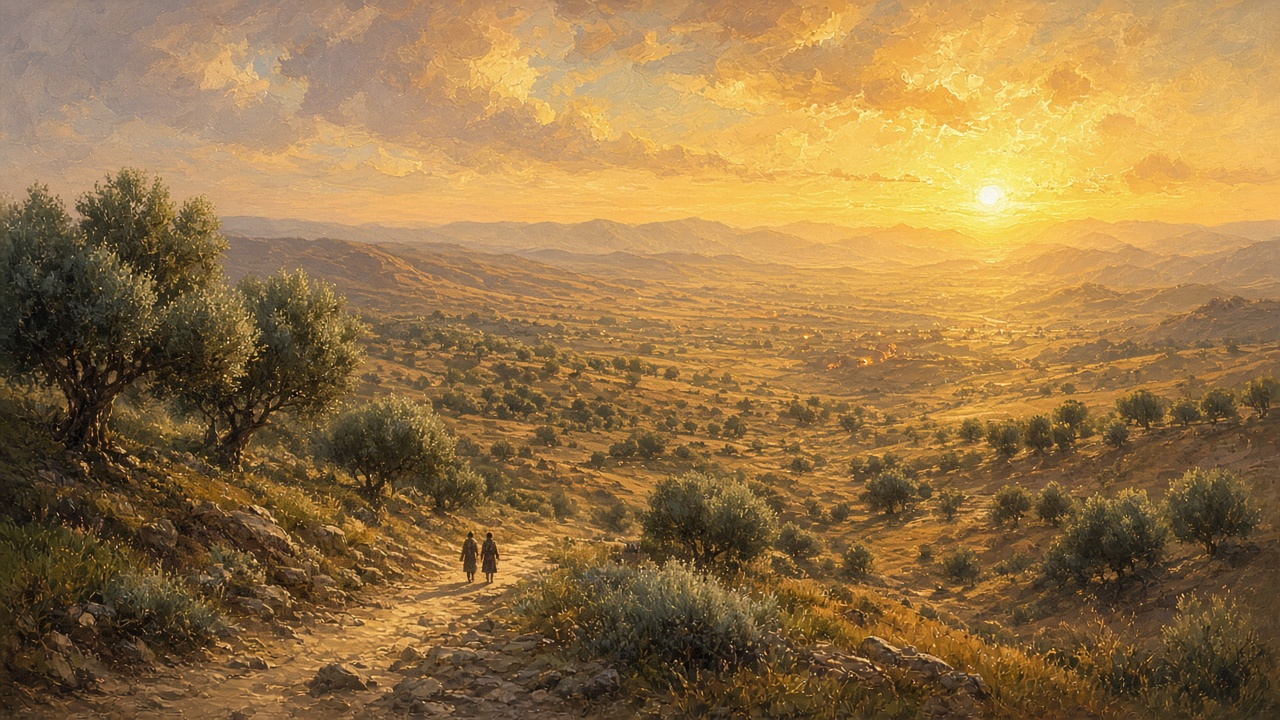 Original Caspian Games study illustration of a desert valley at sunrise with distant travelers in unreadable silhouette. Not Church artwork.