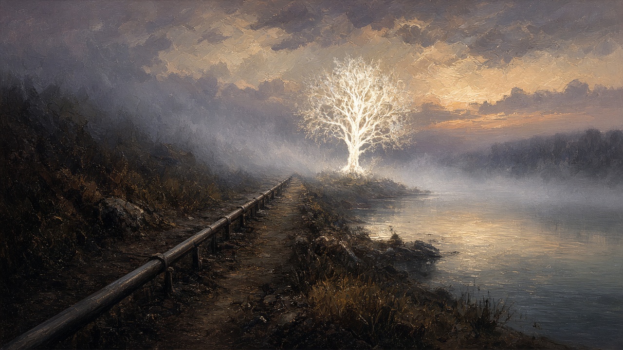 Original Caspian Games study illustration of a dark riverbank with a straight rail leading toward a luminous tree. Not Church artwork.
