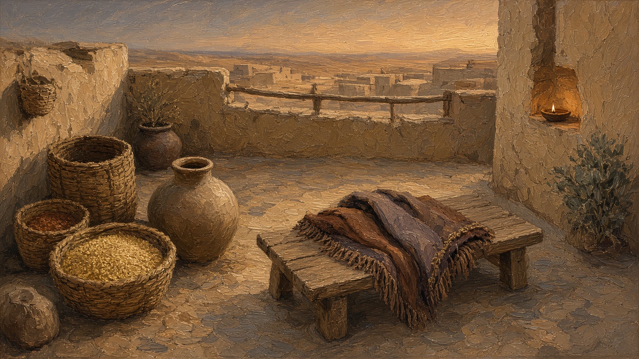 Original Caspian Games study illustration of a dusk courtyard with grain baskets, a water jar, and a folded cloak. Not Church artwork.