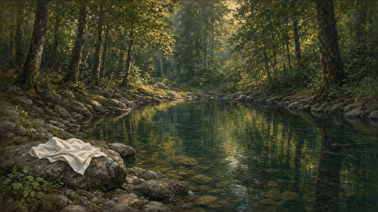 Original Caspian Games study illustration of a still forest pool and a folded white cloth on a stone. Not Church artwork.