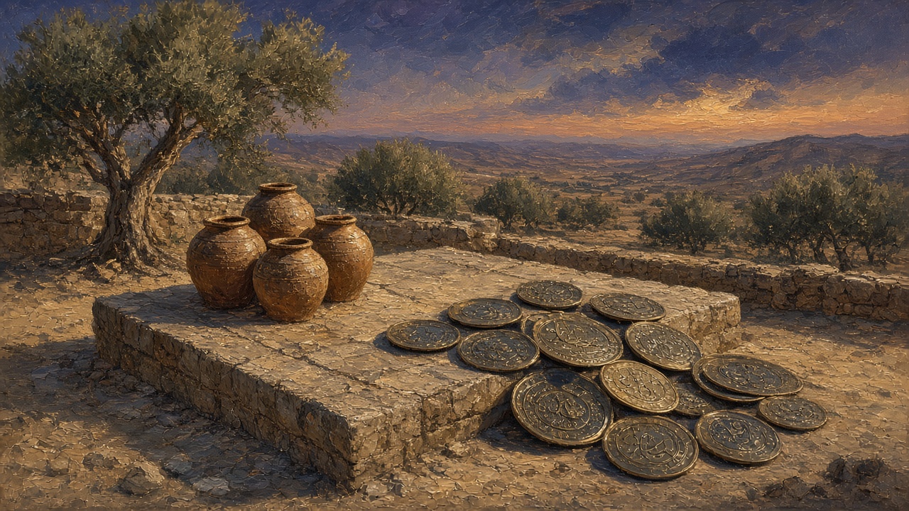 Original Caspian Games study illustration of a dusk court with metal plates on a stone dais. Not Church artwork.