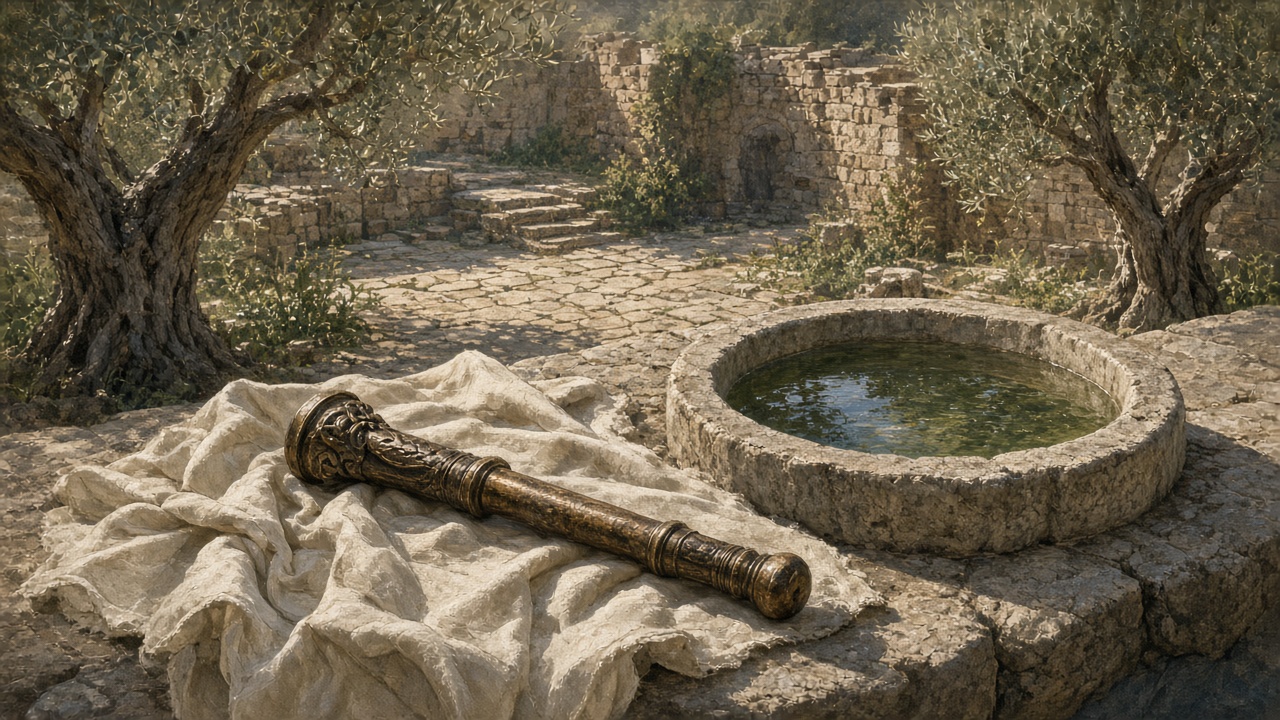 Original Caspian Games study illustration of a staff of office beside a still basin in an olive courtyard. Not Church artwork.