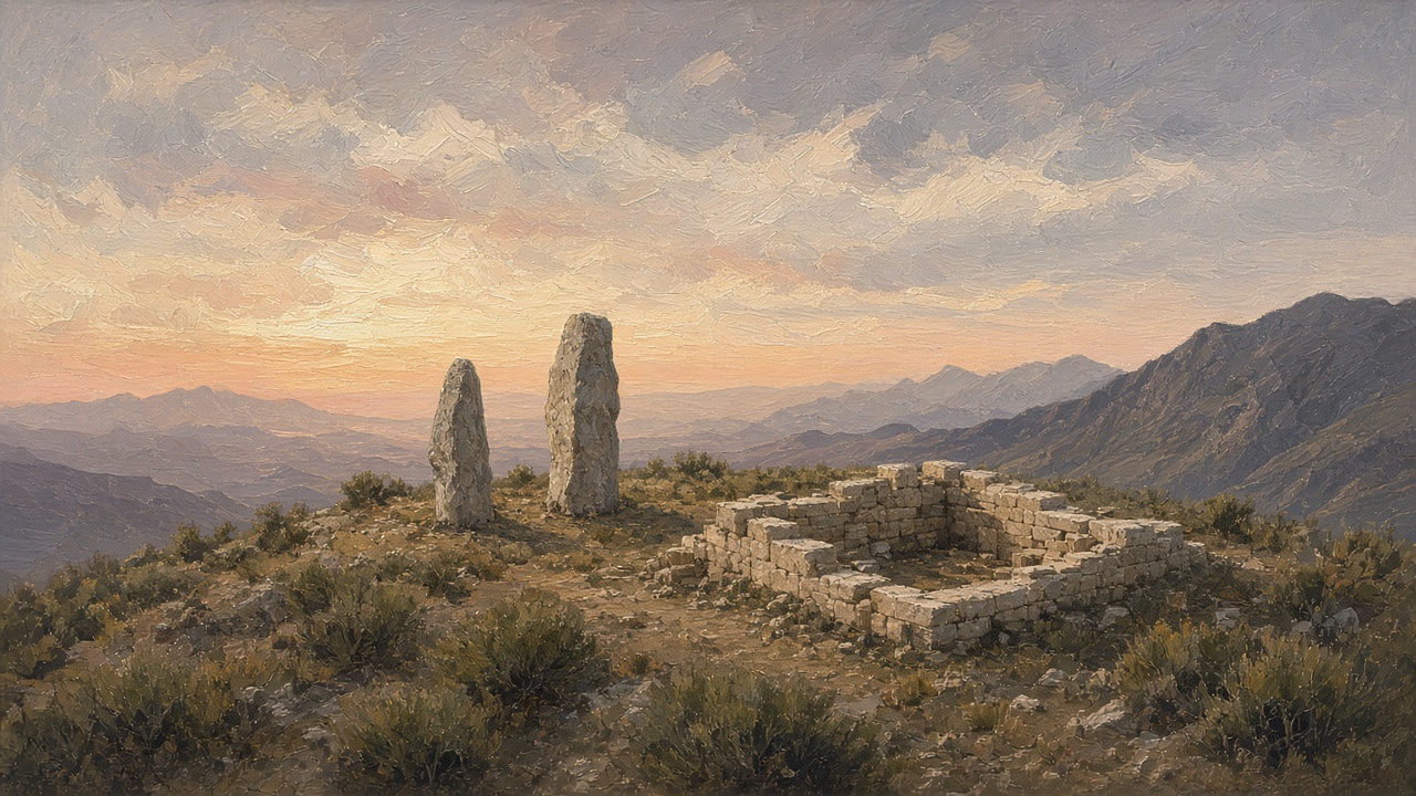 Original Caspian Games study illustration of a high desert mountain with standing stones and an unfinished foundation. Not a depiction of a Church temple, and not Church artwork.