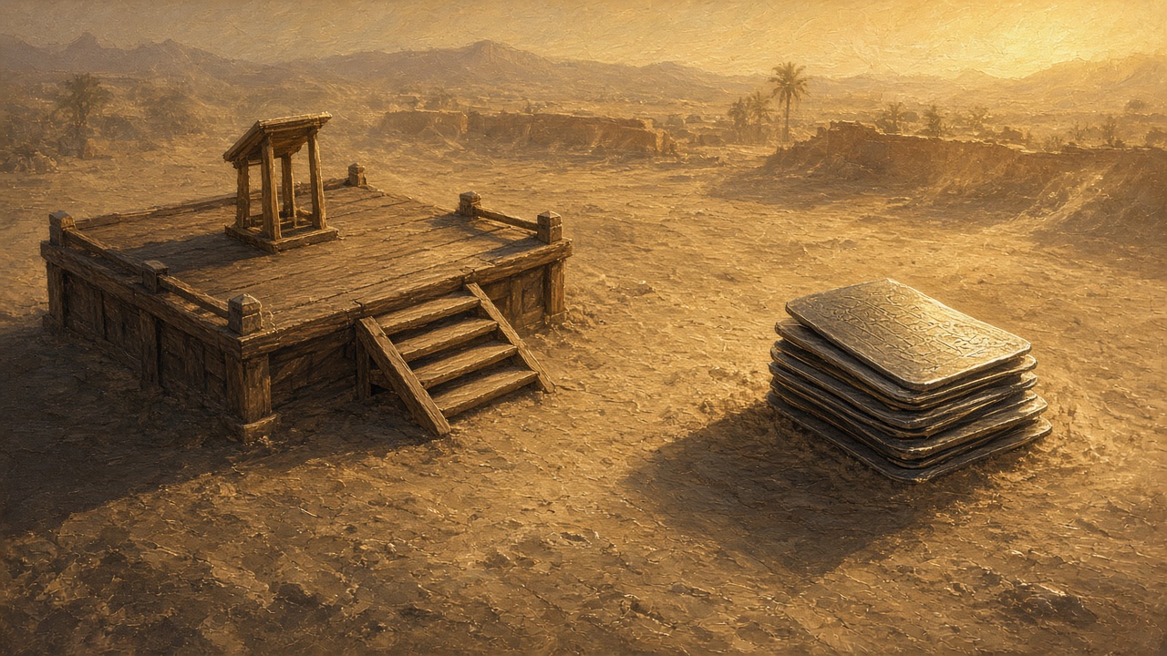 Original Caspian Games study illustration of an empty desert plaza with a vacant platform facing a stack of metal plates. Not Church artwork.