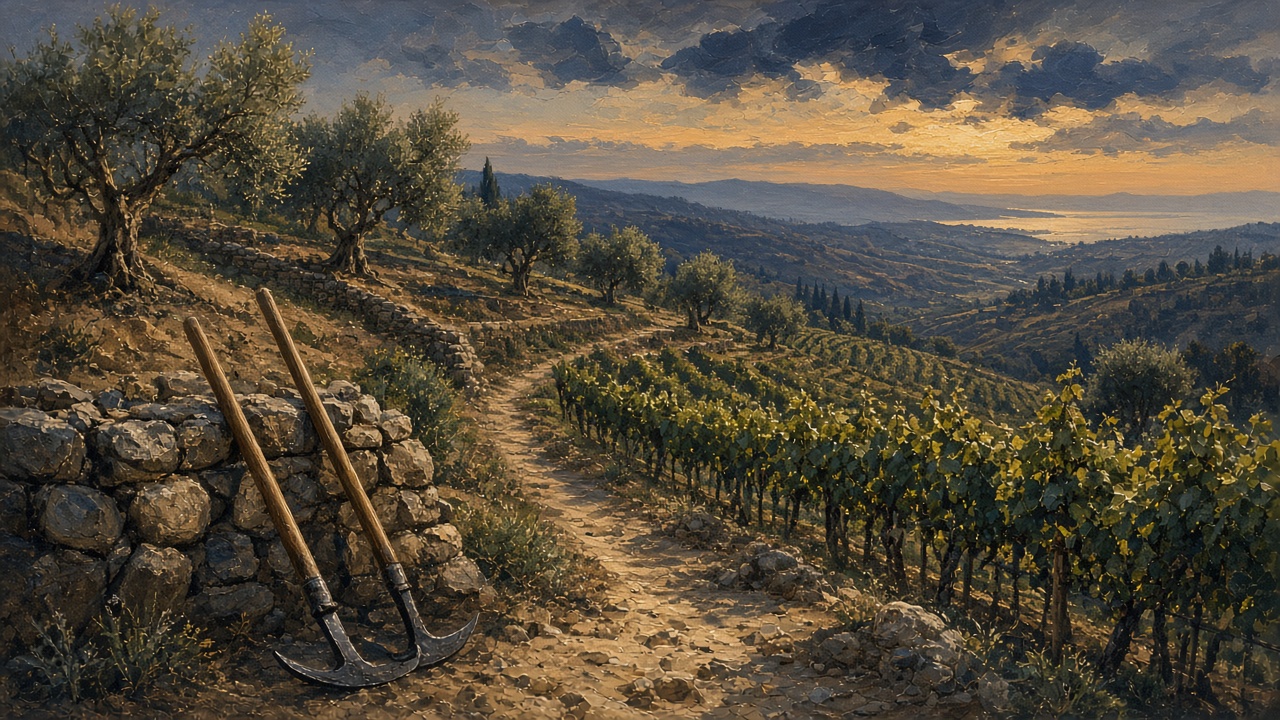 Original Caspian Games study illustration of a terraced dusk vineyard with pruning tools on a stone wall. Not Church artwork.